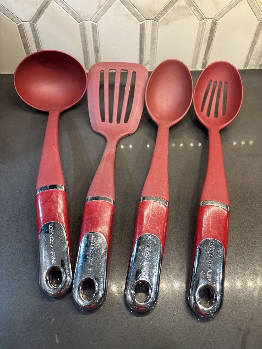 Lot 4 KitchenAid Kitchen Utensils Empire Red Spatula Ladle Reg & Slotted Spoon